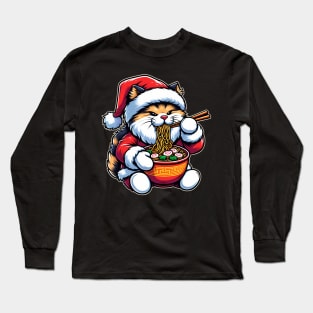 Cute Cat as Santa eating Ramen on Christmas Long Sleeve T-Shirt